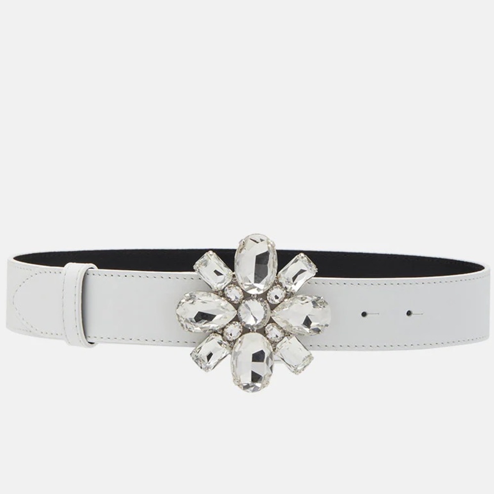 Alessandra Rich white leather crystal flower buckle belt